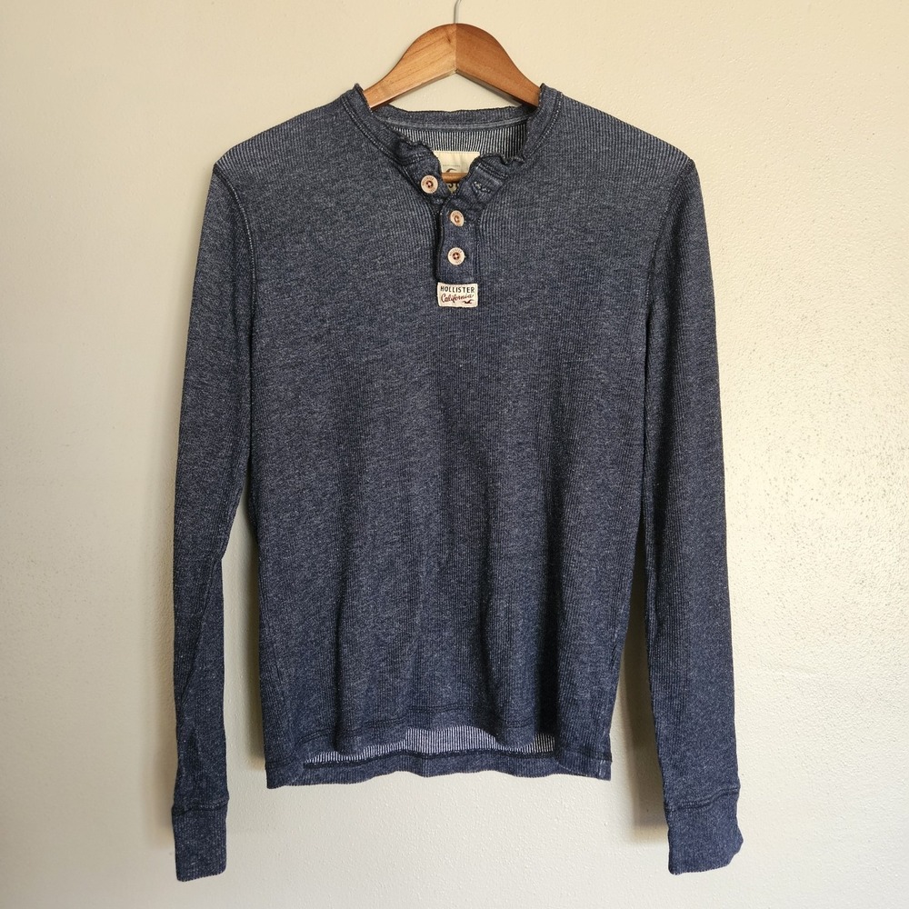 Hollister Y2K Henley Mens M Navy Blue Logo Ribbed Long Sleeve